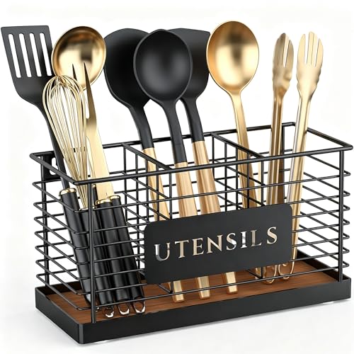 THYGIFTREE Utensil Holder for Kitchen Counter Large Black Metal Cooking Utensil Organizer 3 Compartments for Countertop