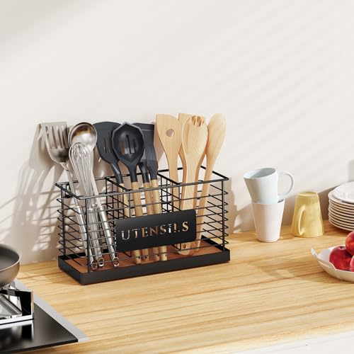 THYGIFTREE Utensil Holder for Kitchen Counter Large Black Metal Cooking Utensil Organizer 3 Compartments for Countertop Kitchen Tool Spatula Holder Wood Base - My Kitchen Products