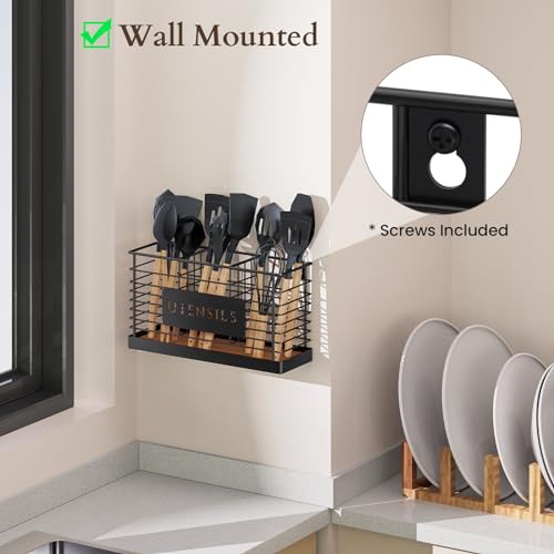 THYGIFTREE Utensil Holder for Kitchen Counter Large Black Metal Cooking Utensil Organizer 3 Compartments for Countertop Kitchen Tool Spatula Holder Wood Base - My Kitchen Products
