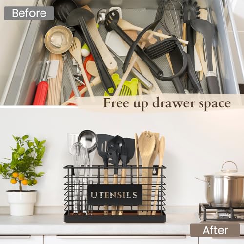 THYGIFTREE Utensil Holder for Kitchen Counter Large Black Metal Cooking Utensil Organizer 3 Compartments for Countertop Kitchen Tool Spatula Holder Wood Base - My Kitchen Products
