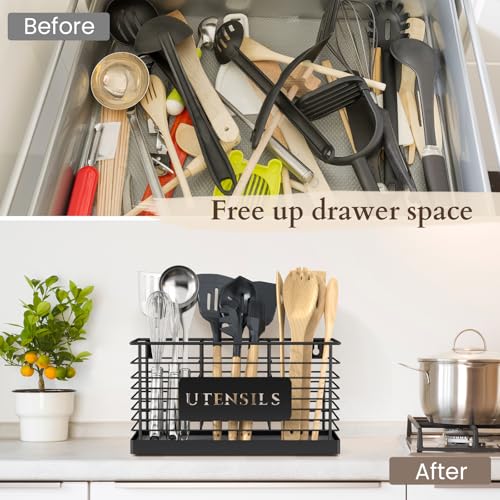 THYGIFTREE Utensil Holder for Kitchen Counter with Diatomaceous Earth Base, Large Black Metal Cooking Tool Organizer with 3 Compartments, Countertop Utensil Holder for Spatula and Kitchen Utensils - My Kitchen Products