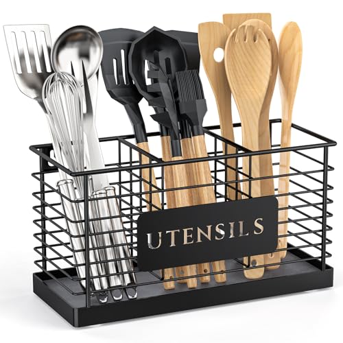 THYGIFTREE Utensil Holder for Kitchen Counter with Diatomaceous Earth Base, Large Black Metal Cooking Tool Organizer with 3 Compartments, Countertop Utensil Holder for Spatula and Kitchen Utensils - My Kitchen Products