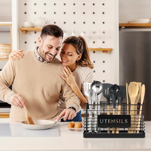 THYGIFTREE Utensil Holder for Kitchen Counter with Diatomaceous Earth Base, Large Black Metal Cooking Tool Organizer with 3 Compartments, Countertop Utensil Holder for Spatula and Kitchen Utensils - My Kitchen Products