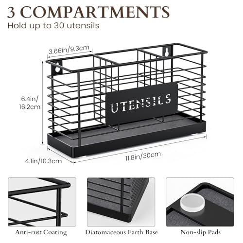 THYGIFTREE Utensil Holder for Kitchen Counter with Diatomaceous Earth Base, Large Black Metal Cooking Tool Organizer with 3 Compartments, Countertop Utensil Holder for Spatula and Kitchen Utensils - My Kitchen Products