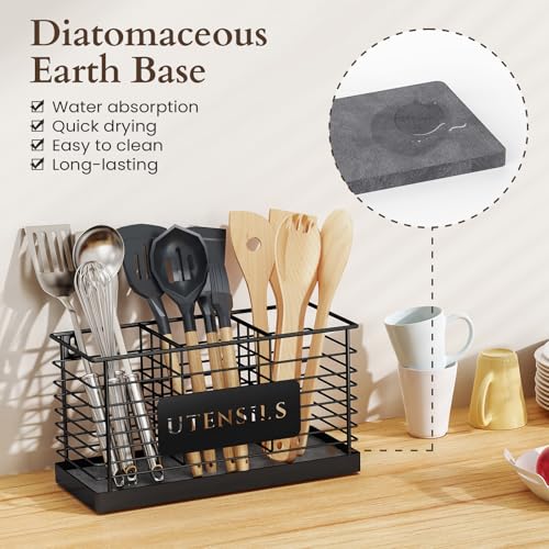 THYGIFTREE Utensil Holder for Kitchen Counter with Diatomaceous Earth Base, Large Black Metal Cooking Tool Organizer with 3 Compartments, Countertop Utensil Holder for Spatula and Kitchen Utensils - My Kitchen Products