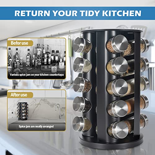 Tianifa Black Countertop Revolving Spice Rack, Empty 20-Jars Rotating Spice Rack Organizer, Round Carousel Tower, 135 Spice Labels with Funnel Complete Set, for Kitchen Countertop, Cabinet - My Kitchen Products