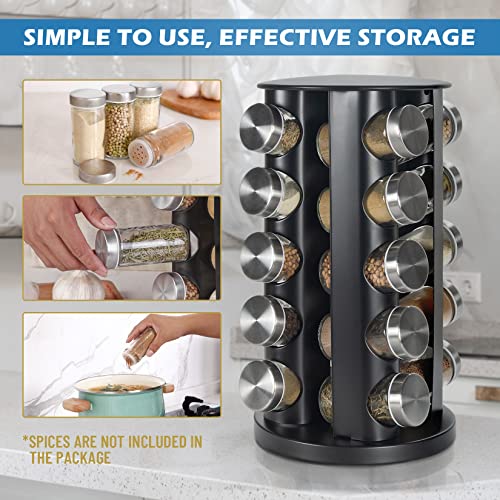 Tianifa Black Countertop Revolving Spice Rack, Empty 20-Jars Rotating Spice Rack Organizer, Round Carousel Tower, 135 Spice Labels with Funnel Complete Set, for Kitchen Countertop, Cabinet - My Kitchen Products