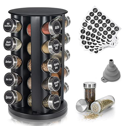 Tianifa Black Countertop Revolving Spice Rack, Empty 20-Jars Rotating Spice Rack Organizer, Round Carousel Tower, 135 Spice Labels with Funnel Complete Set, for Kitchen Countertop, Cabinet - My Kitchen Products