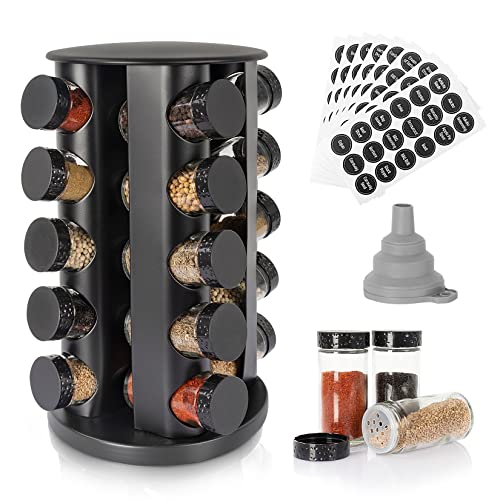 Tianifa Black Countertop Rotating Spice Rack, Round Empty 20-Jars Revolving Spice Rack Organizer, 135 Spice Labels with Funnel Complete Set, for Kitchen Countertop, Cabinet - My Kitchen Products