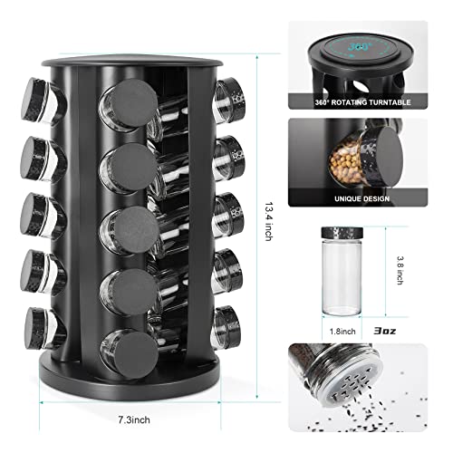 Tianifa Black Countertop Rotating Spice Rack, Round Empty 20-Jars Revolving Spice Rack Organizer, 135 Spice Labels with Funnel Complete Set, for Kitchen Countertop, Cabinet - My Kitchen Products