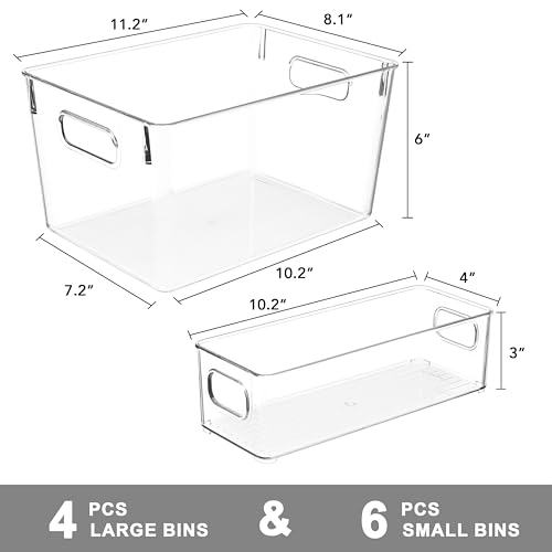 Tiawudi Set of 10 Clear Plastic Storage Bins, 4 Large and 6 Small Stackable Storage Containers for Pantry Organization, Organizer Bins for Home, Kitchen, Bathroom, Office, Cabinet Shelf Organizers - My Kitchen Products