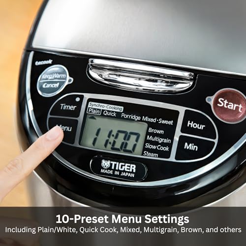 TIGER JAX-T10U-K 5.5-Cup (Uncooked) Micom Rice Cooker and Warmer with Tacook Food Steamer Cooking Tray Technology and 10 Auto-Cook Settings, Stainless Steel Black - My Kitchen Products