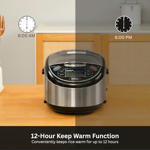 TIGER JAX-T10U-K 5.5-Cup (Uncooked) Micom Rice Cooker and Warmer with Tacook Food Steamer Cooking Tray Technology and 10 Auto-Cook Settings, Stainless Steel Black - My Kitchen Products