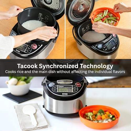 TIGER JAX-T10U-K 5.5-Cup (Uncooked) Micom Rice Cooker and Warmer with Tacook Food Steamer Cooking Tray Technology and 10 Auto-Cook Settings, Stainless Steel Black - My Kitchen Products