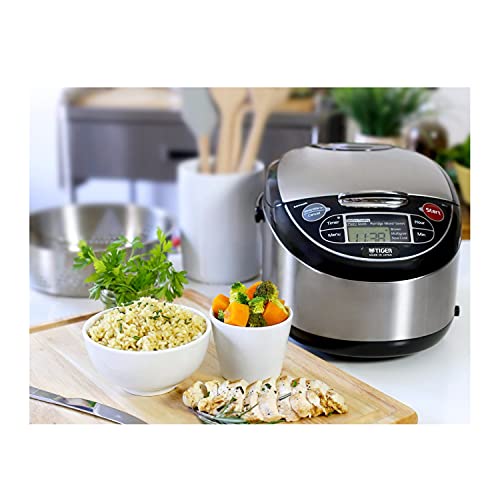 TIGER JAX-T10U-K 5.5-Cup (Uncooked) Micom Rice Cooker and Warmer with Tacook Food Steamer Cooking Tray Technology and 10 Auto-Cook Settings, Stainless Steel Black - My Kitchen Products