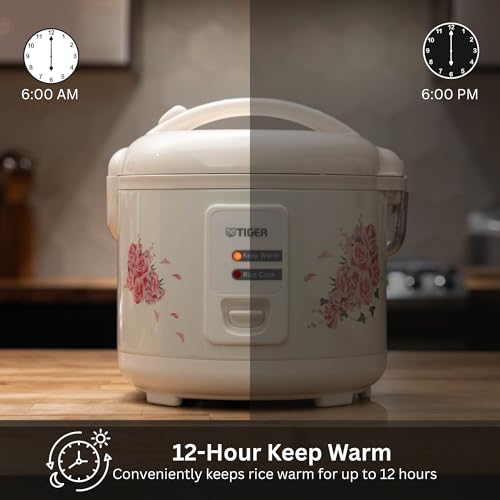 Tiger JAZ-A18U-LF 10 Cup Capacity White Rice Cooker with Non-Stick Inner Pot, Retractable Power Cord, and Keep Warm up to 12 hours (Flower) - My Kitchen Products
