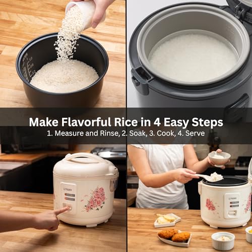 Tiger JAZ-A18U-LF 10 Cup Capacity White Rice Cooker with Non-Stick Inner Pot, Retractable Power Cord, and Keep Warm up to 12 hours (Flower) - My Kitchen Products