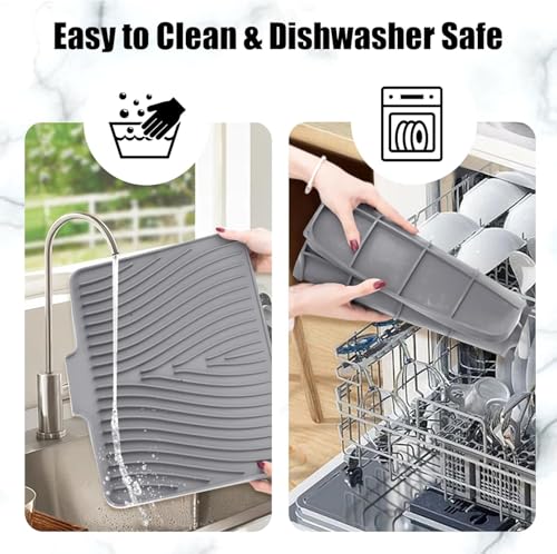 TIKNIK Silicone Dish Drying Mat for Kitchen Counter - Heat Resistant & Non-Slip Dish Drain Pad with Built-In Drain, Dishwasher Safe, Quick-Dry, Hangable & Roll-Up for Storage, Grey-1pcs, 16" x 12" - My Kitchen Products