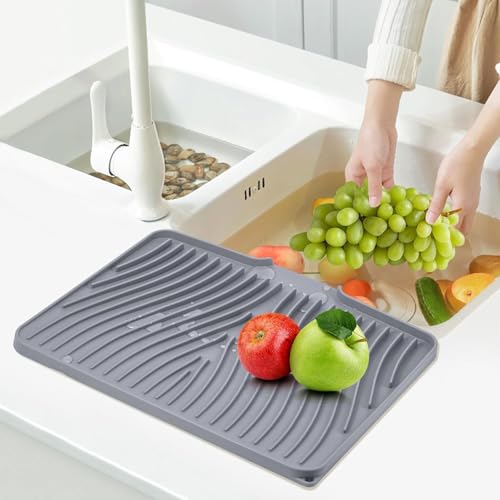 TIKNIK Silicone Dish Drying Mat for Kitchen Counter - Heat Resistant & Non-Slip Dish Drain Pad with Built-In Drain, Dishwasher Safe, Quick-Dry, Hangable & Roll-Up for Storage, Grey-1pcs, 16" x 12" - My Kitchen Products