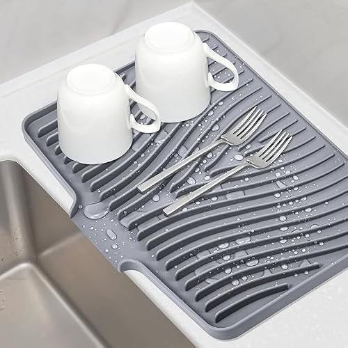 TIKNIK Silicone Dish Drying Mat for Kitchen Counter - Heat Resistant & Non-Slip Dish Drain Pad with Built-In Drain, Dishwasher Safe, Quick-Dry, Hangable & Roll-Up for Storage, Grey-1pcs, 16" x 12" - My Kitchen Products