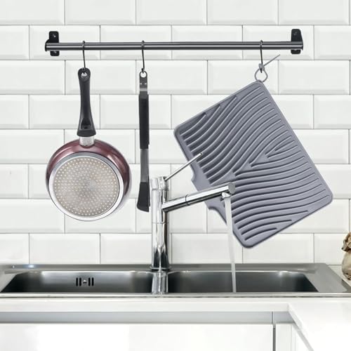 TIKNIK Silicone Dish Drying Mat for Kitchen Counter - Heat Resistant & Non-Slip Dish Drain Pad with Built-In Drain, Dishwasher Safe, Quick-Dry, Hangable & Roll-Up for Storage, Grey-1pcs, 16" x 12" - My Kitchen Products