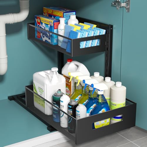 TISTAYA Under Sink Organizer, Metal Under Sink Organizers and Storage, Slide Out Pull Out Cabinet Organizer for Kitchen