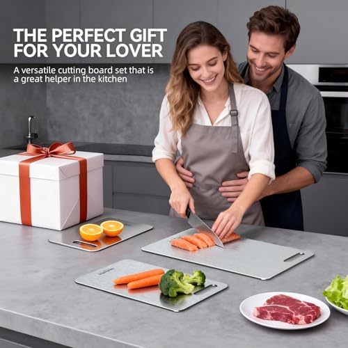 Titanium Cutting Boards Set of 3, 100% Pure Titanium Kitchen Cutting Board, Double-Sided Non-Toxic Cutting Board, Ideal for Slicing and Dicing Meats, Features Handle, Dishwasher Safe - My Kitchen Products