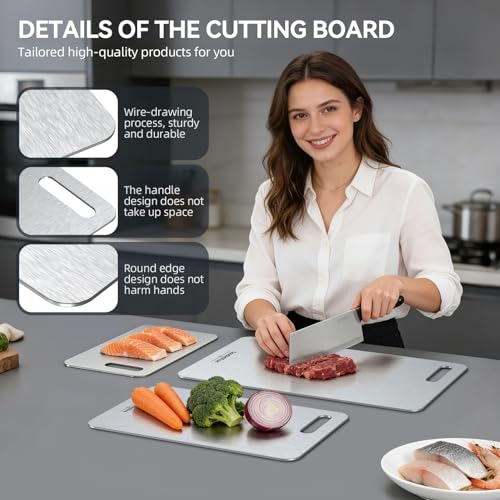 Titanium Cutting Boards Set of 3, 100% Pure Titanium Kitchen Cutting Board, Double-Sided Non-Toxic Cutting Board, Ideal for Slicing and Dicing Meats, Features Handle, Dishwasher Safe - My Kitchen Products