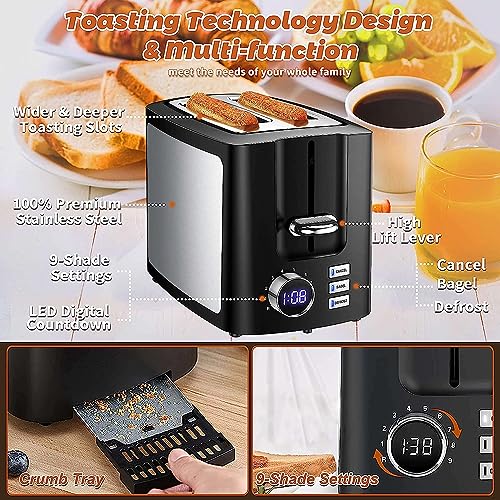 Toaster 2 Slice Wide Slot Toaster Best Rated Prime Display Smart Toasters with LCD Digital Countdown Timer and Bagel/Defrost/Cancel/Reheat Function - My Kitchen Products
