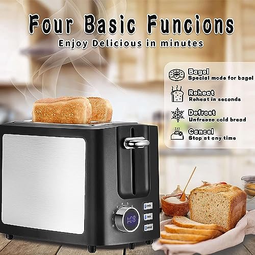 Toaster 2 Slice Wide Slot Toaster Best Rated Prime Display Smart Toasters with LCD Digital Countdown Timer and Bagel/Defrost/Cancel/Reheat Function - My Kitchen Products