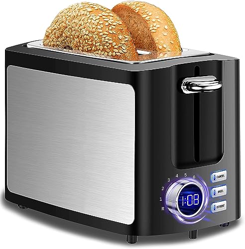 Toaster 2 Slice Wide Slot Toaster Best Rated Prime Display Smart Toasters with LCD Digital Countdown Timer and Bagel/Defrost/Cancel/Reheat Function - My Kitchen Products