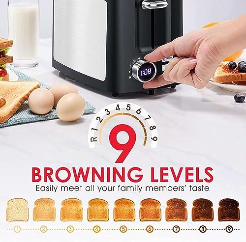 Toaster 2 Slice Wide Slot Toaster Best Rated Prime Display Smart Toasters with LCD Digital Countdown Timer and Bagel/Defrost/Cancel/Reheat Function - My Kitchen Products
