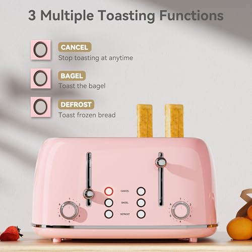 Toaster 4 Slice, Retro Stainless with 6 Bread Shade Settings,1.5''Wide Slots Toaster with Cancel/Defrost/Reheat Functions,Dual Independent Control Panel, Removal Crumb Tray (Pink) - My Kitchen Products