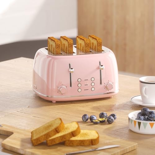 Toaster 4 Slice, Retro Stainless with 6 Bread Shade Settings,1.5''Wide Slots Toaster with Cancel/Defrost/Reheat Functions,Dual Independent Control Panel, Removal Crumb Tray (Pink) - My Kitchen Products