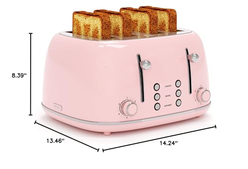 Toaster 4 Slice, Retro Stainless with 6 Bread Shade Settings,1.5''Wide Slots Toaster with Cancel/Defrost/Reheat Functions,Dual Independent Control Panel, Removal Crumb Tray (Pink) - My Kitchen Products