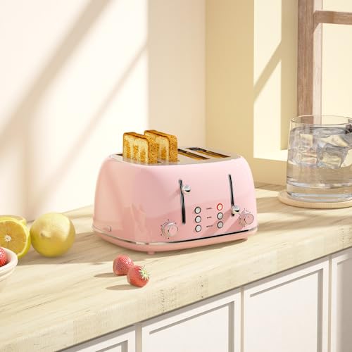 Toaster 4 Slice, Retro Stainless with 6 Bread Shade Settings,1.5''Wide Slots Toaster with Cancel/Defrost/Reheat Functions,Dual Independent Control Panel, Removal Crumb Tray (Pink) - My Kitchen Products