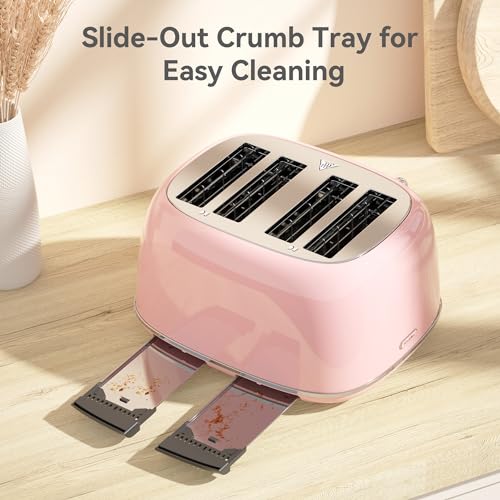 Toaster 4 Slice, Retro Stainless with 6 Bread Shade Settings,1.5''Wide Slots Toaster with Cancel/Defrost/Reheat Functions,Dual Independent Control Panel, Removal Crumb Tray (Pink) - My Kitchen Products