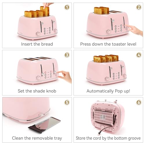 Toaster 4 Slice, Retro Stainless with 6 Bread Shade Settings,1.5''Wide Slots Toaster with Cancel/Defrost/Reheat Functions,Dual Independent Control Panel, Removal Crumb Tray (Pink) - My Kitchen Products