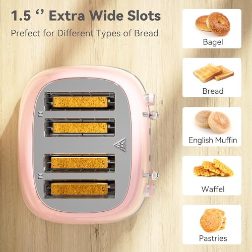 Toaster 4 Slice, Retro Stainless with 6 Bread Shade Settings,1.5''Wide Slots Toaster with Cancel/Defrost/Reheat Functions,Dual Independent Control Panel, Removal Crumb Tray (Pink) - My Kitchen Products