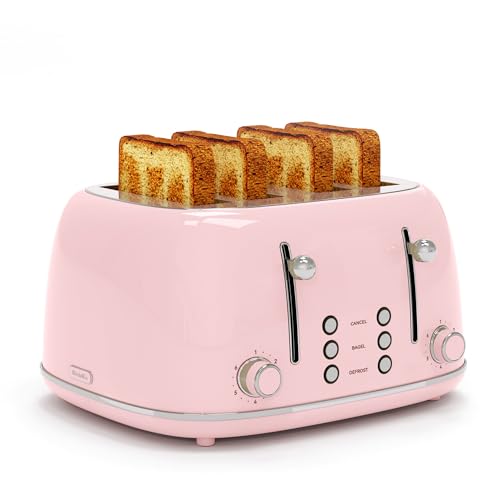 Toaster 4 Slice, Retro Stainless with 6 Bread Shade Settings,1.5''Wide Slots Toaster with Cancel/Defrost/Reheat Functions,Dual Independent Control Panel, Removal Crumb Tray (Pink) - My Kitchen Products