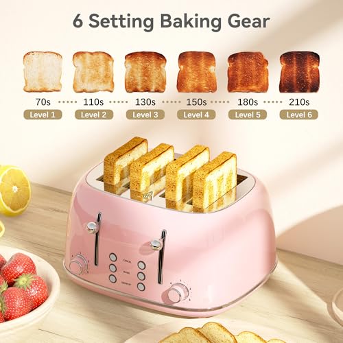 Toaster 4 Slice, Retro Stainless with 6 Bread Shade Settings,1.5''Wide Slots Toaster with Cancel/Defrost/Reheat Functions,Dual Independent Control Panel, Removal Crumb Tray (Pink) - My Kitchen Products