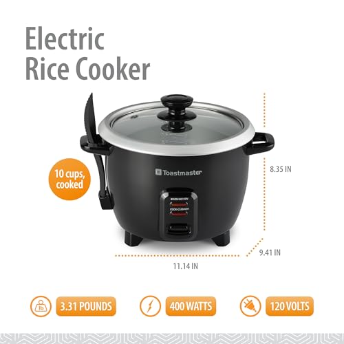 Toastmaster Electric Rice Cooker - Large Capacity for Soups, Oatmeal & More - Automatic Rice Cooker with Tempered Glass Lid & Keep Warm Mode - 10-Cup, Black - My Kitchen Products