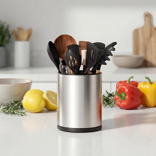 TODAYGO Utensil Holder For Kitchen Counter, Large 360°Rotating Stainless Steel Utensil Crock with 3 Compartment, Drainage Non-Slip - My Kitchen Products