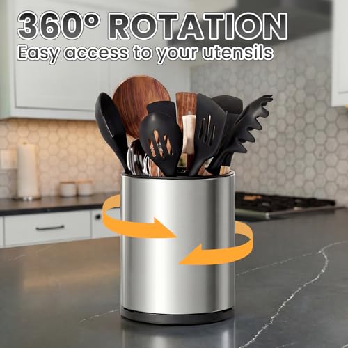 TODAYGO Utensil Holder For Kitchen Counter, Large 360°Rotating Stainless Steel Utensil Crock with 3 Compartment, Drainage Non-Slip - My Kitchen Products