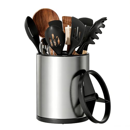TODAYGO Utensil Holder For Kitchen Counter, Large 360°Rotating Stainless Steel Utensil Crock with 3
