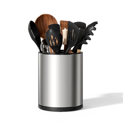 TODAYGO Utensil Holder For Kitchen Counter, Large 360°Rotating Stainless Steel Utensil Crock with 3 Compartment, Drainage Non-Slip - My Kitchen Products