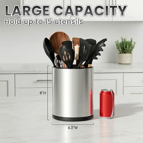 TODAYGO Utensil Holder For Kitchen Counter, Large 360°Rotating Stainless Steel Utensil Crock with 3 Compartment, Drainage Non-Slip - My Kitchen Products