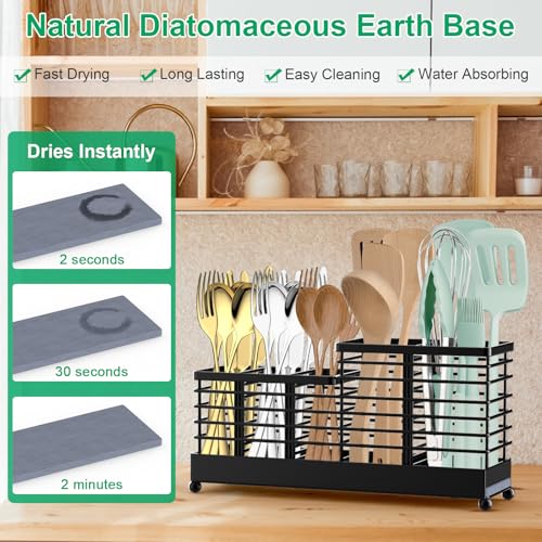 TomCare Utensil Holder with Water Absorbent Diatomite Stone 3 Removable Dividers Large Silverware Organizer Sturdy Cooking Utensils Organizer Caddy Metal kitchen Organizers and Storage for Counter - My Kitchen Products