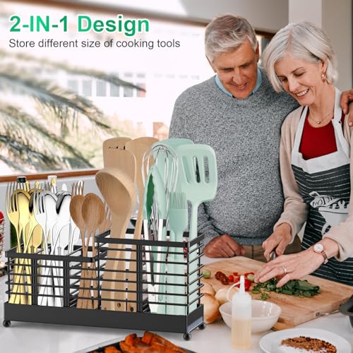 TomCare Utensil Holder with Water Absorbent Diatomite Stone 3 Removable Dividers Large Silverware Organizer Sturdy Cooking Utensils Organizer Caddy Metal kitchen Organizers and Storage for Counter - My Kitchen Products