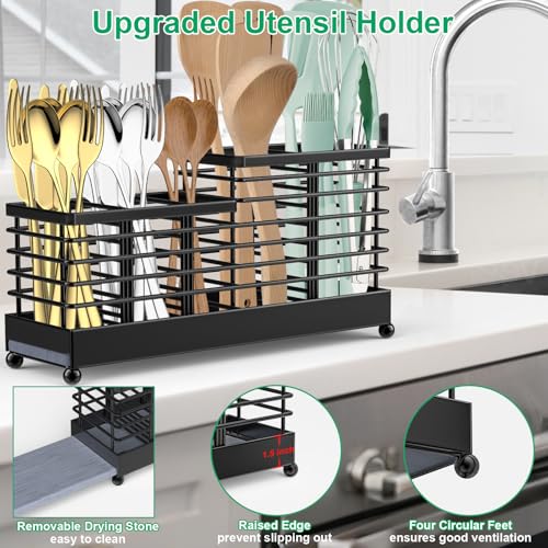 TomCare Utensil Holder with Water Absorbent Diatomite Stone 3 Removable Dividers Large Silverware Organizer Sturdy Cooking Utensils Organizer Caddy Metal kitchen Organizers and Storage for Counter - My Kitchen Products